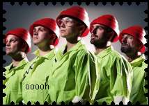 a stamp with a picture of the band devo that says 'ooooh'